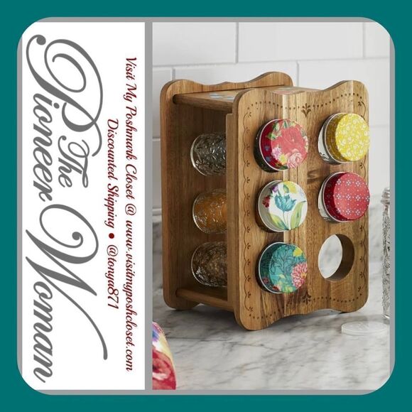 🦋 New Pioneer Woman Sweet Rose Acacia Wood Spice Rack with Glass Jars - Picture 1 of 7